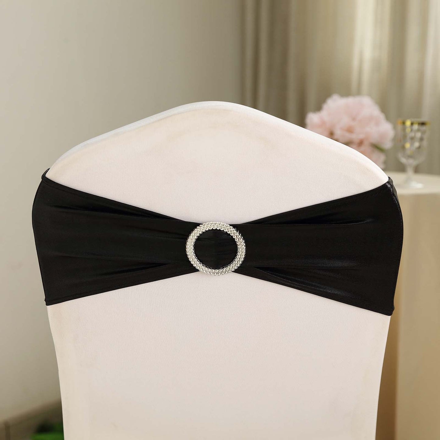 5 Pack Metallic Black Spandex Chair Sashes With Attached Round Diamond Buckles