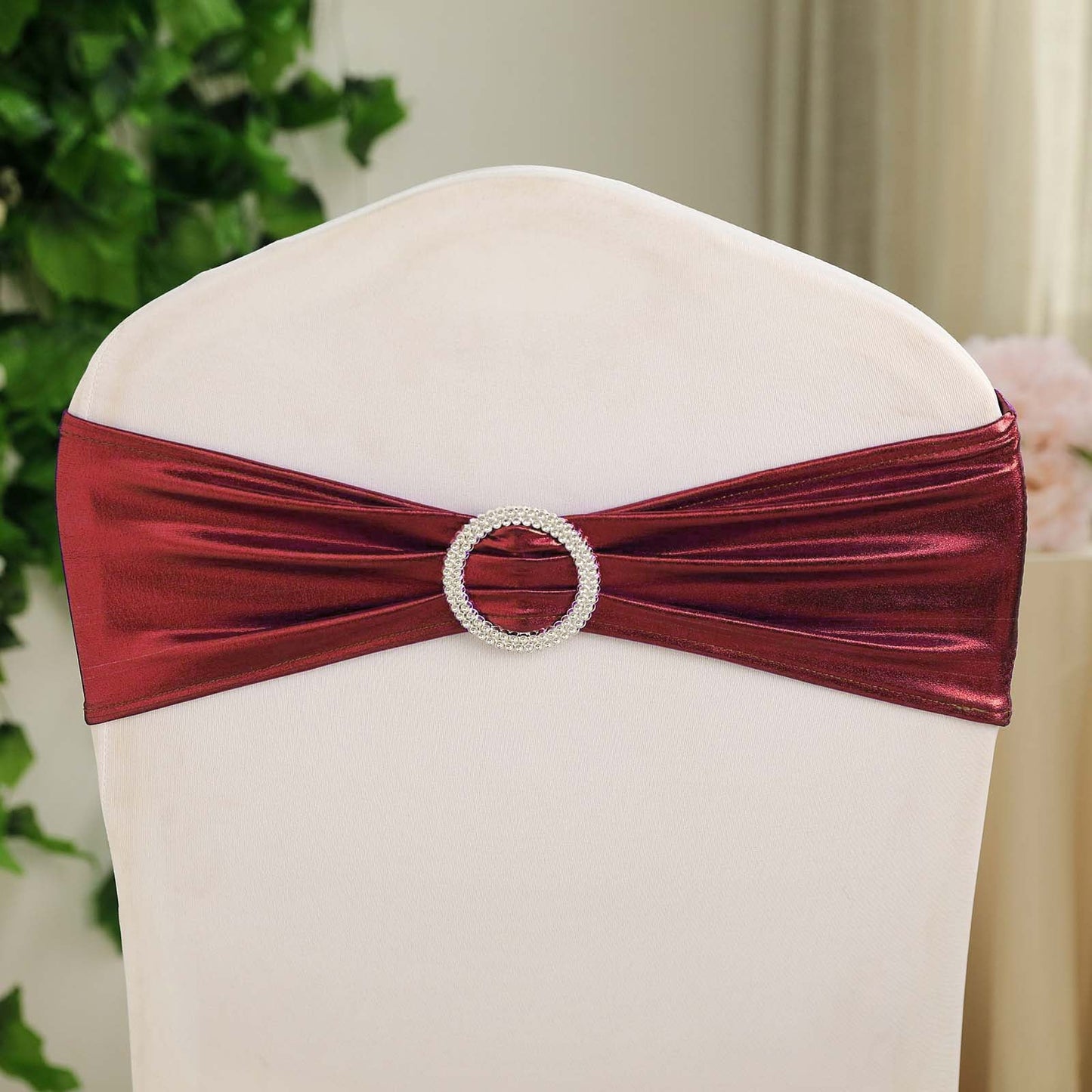 5 Pack Metallic Burgundy Spandex Chair Sashes With Attached Round Diamond Buckles