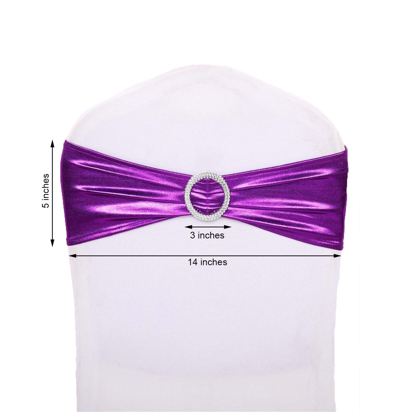 5 pack Metallic Purple Spandex Chair Sashes With Attached Round Diamond Buckles