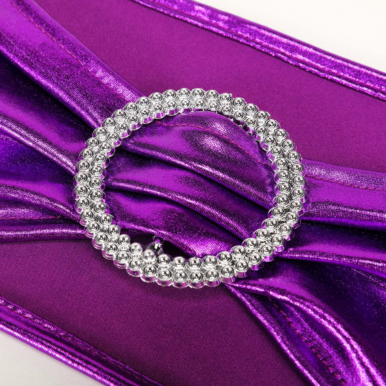 5 pack Metallic Purple Spandex Chair Sashes With Attached Round Diamond Buckles