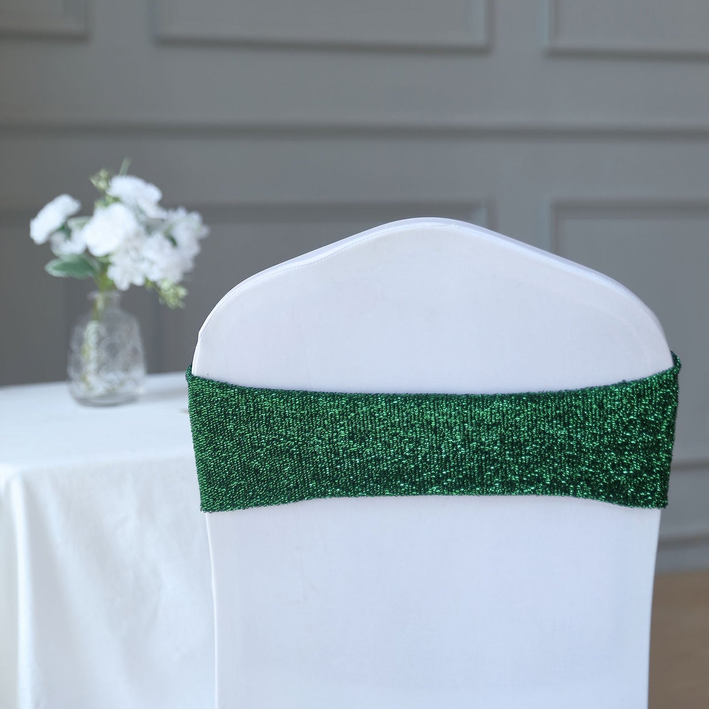5 Pack | Hunter Emerald Green Metallic Shimmer Tinsel Spandex Chair Sashes