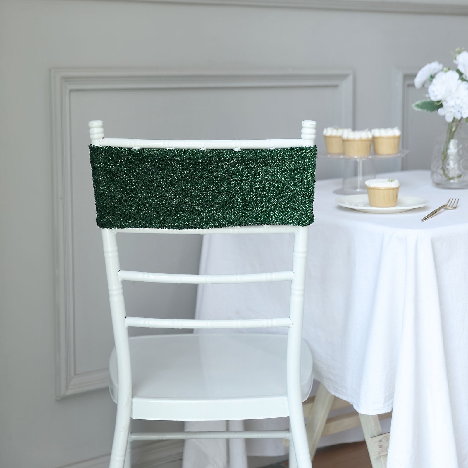 Metallic Shimmer Tinsel Spandex Material Hunter Emerald Green Chair Sashes in Pack of 5