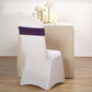 Purple metallic shimmer tinsel spandex chair sash on a white chair.