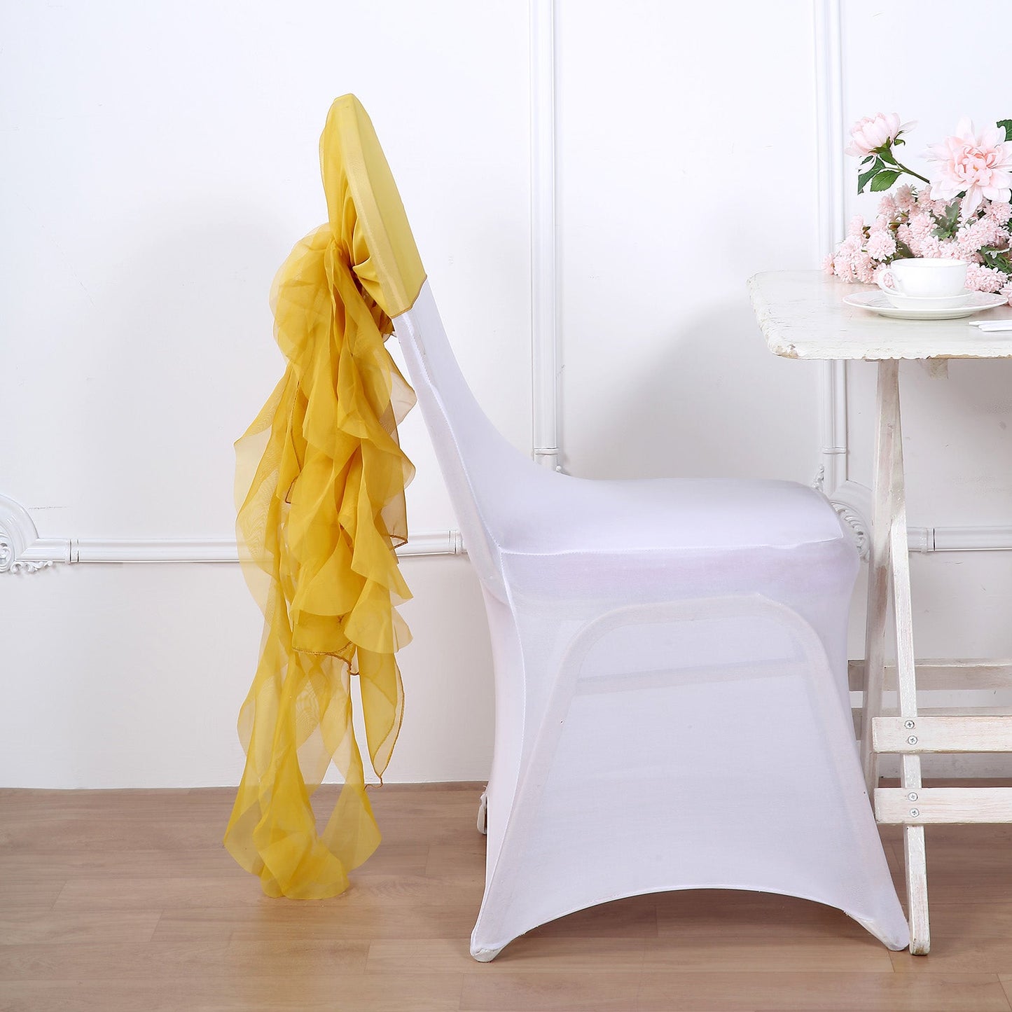 Chiffon Chair Sashes In Mustard Yellow Hooded Ruffled