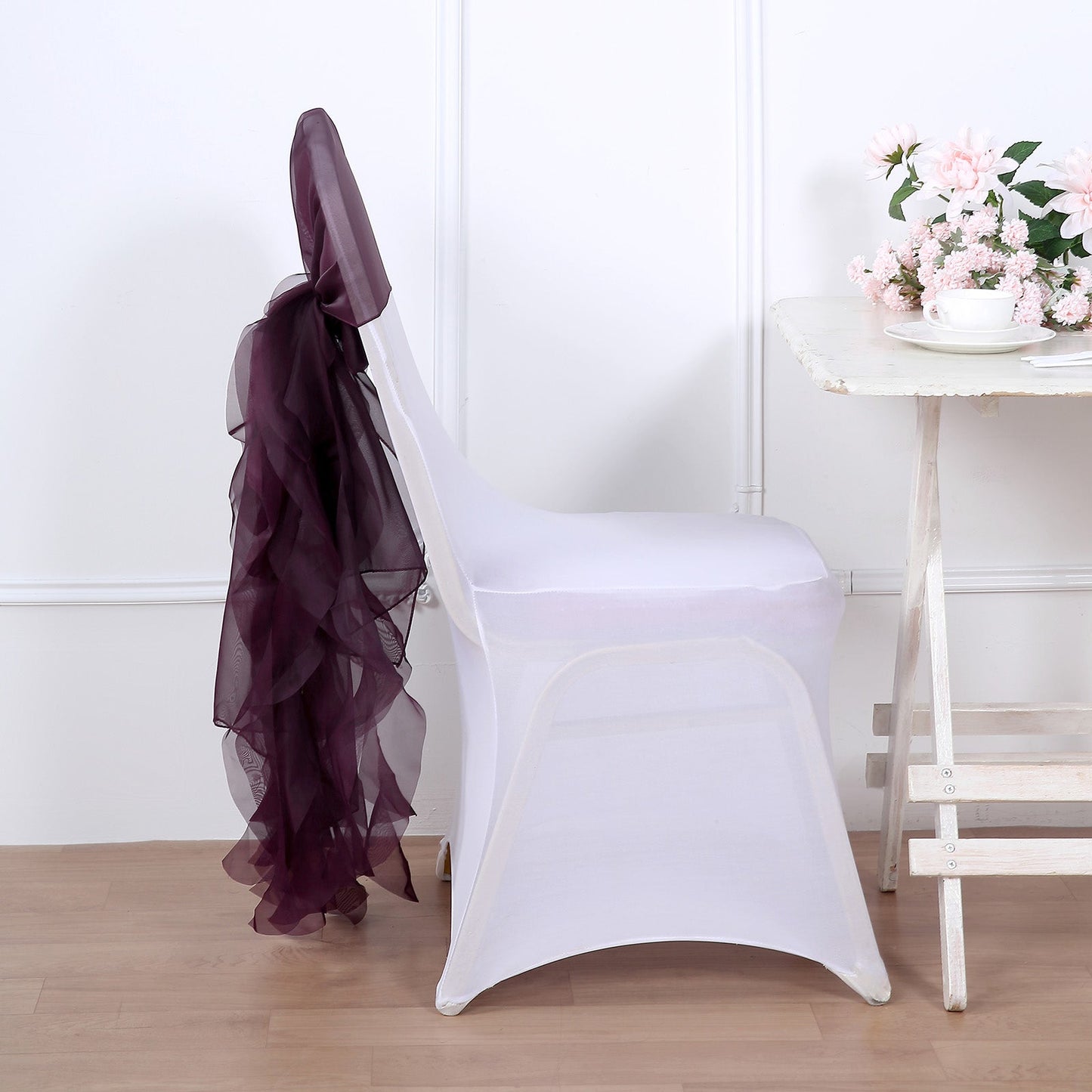 Willow Chiffon Chair Sashes In Eggplant With Ruffles And Hood 