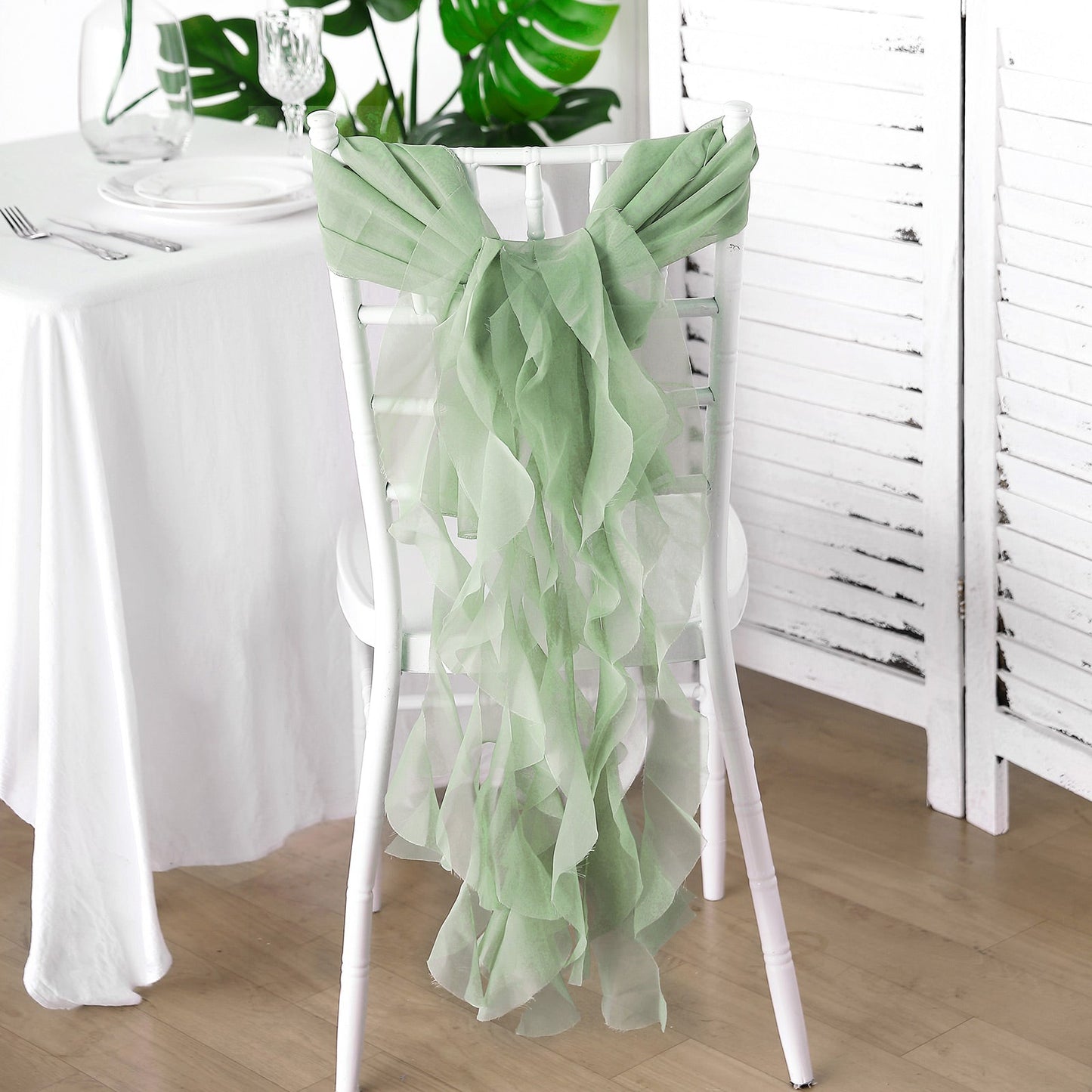 Hooded Ruffled Sage Green Chiffon Chair Ties 