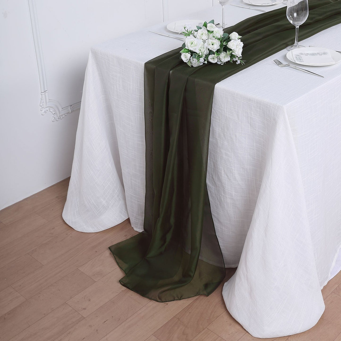 Table Runner In Olive Green Chiffon 6 Feet
