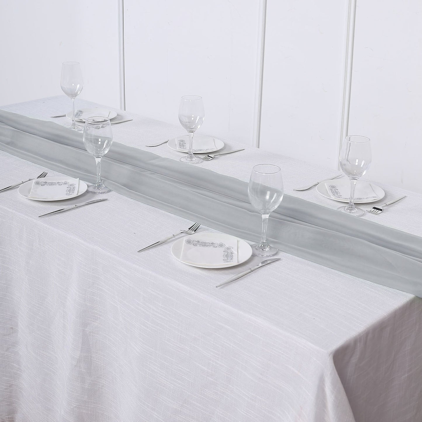 6ft silver chiffon table runner on a white table setting.