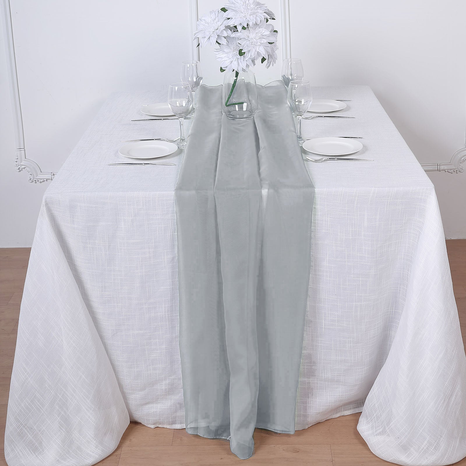 6ft silver chiffon table runner on a white table setting.