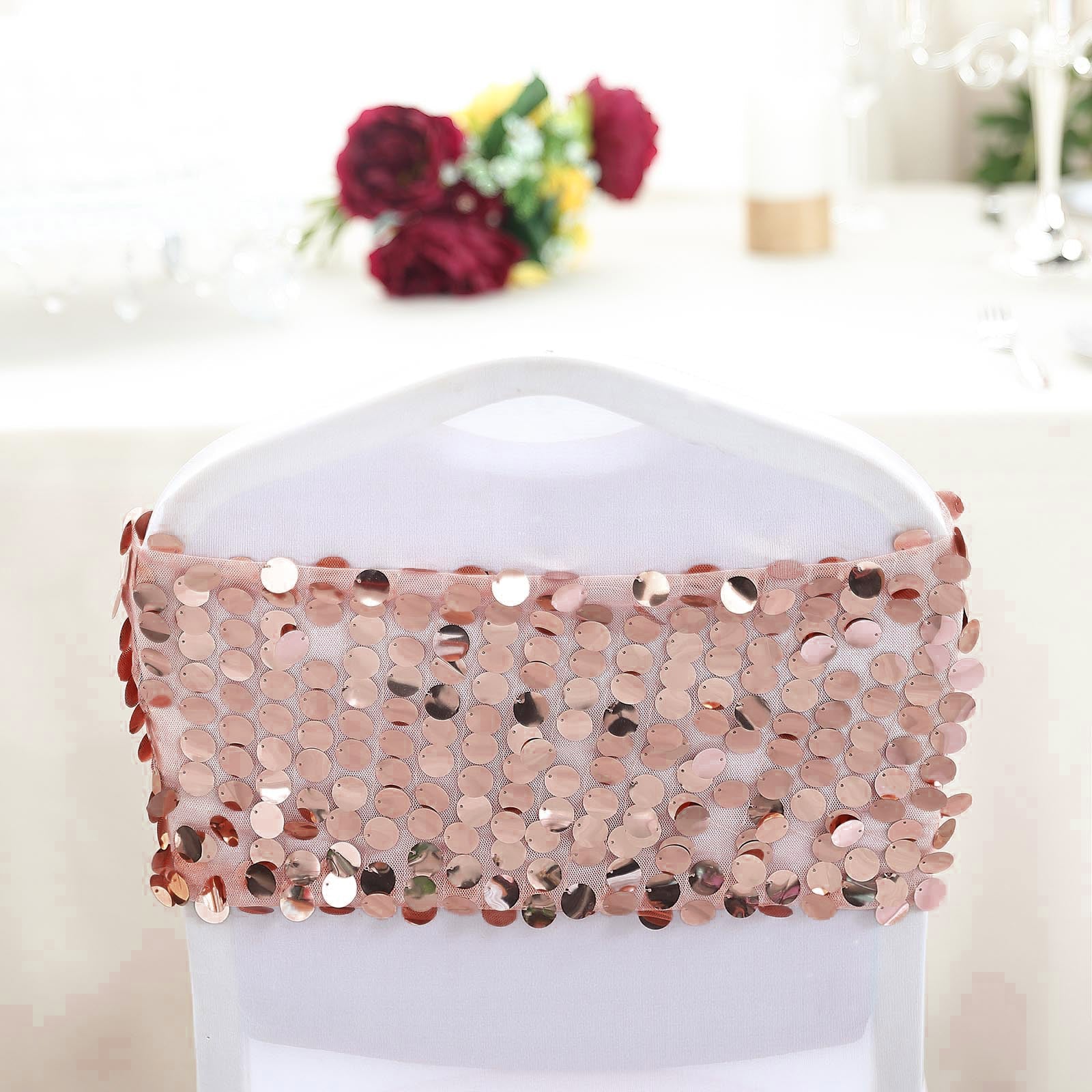 Blush Rose Gold Round Chair Sashes Big Payette Sequin Fabric 5 Pack