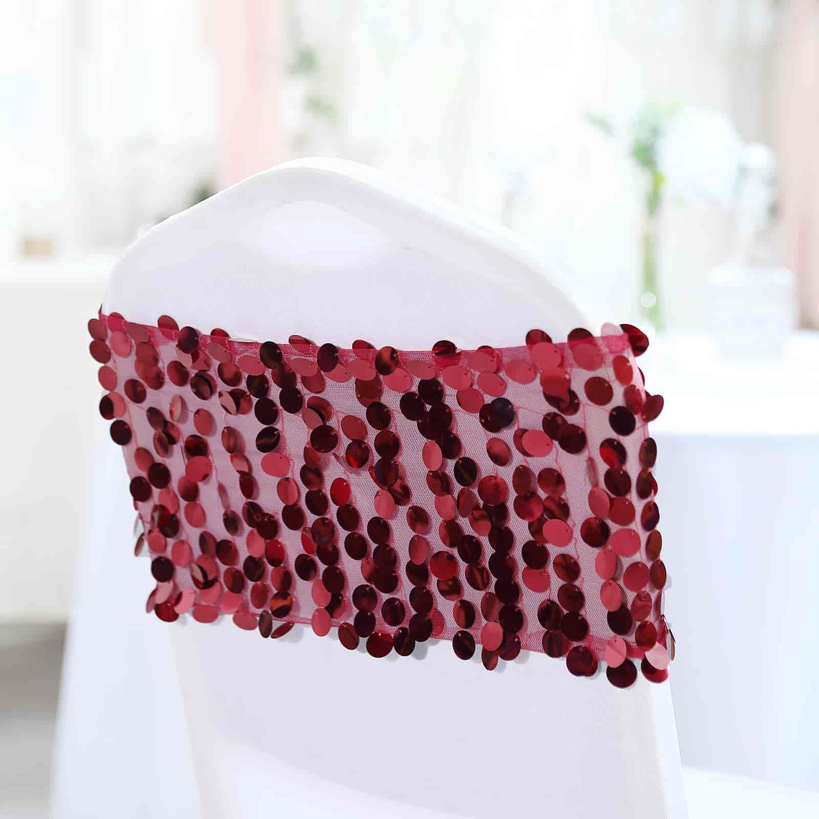 Burgundy Round Chair Sashes Big Payette Sequin Fabric 5 Pack