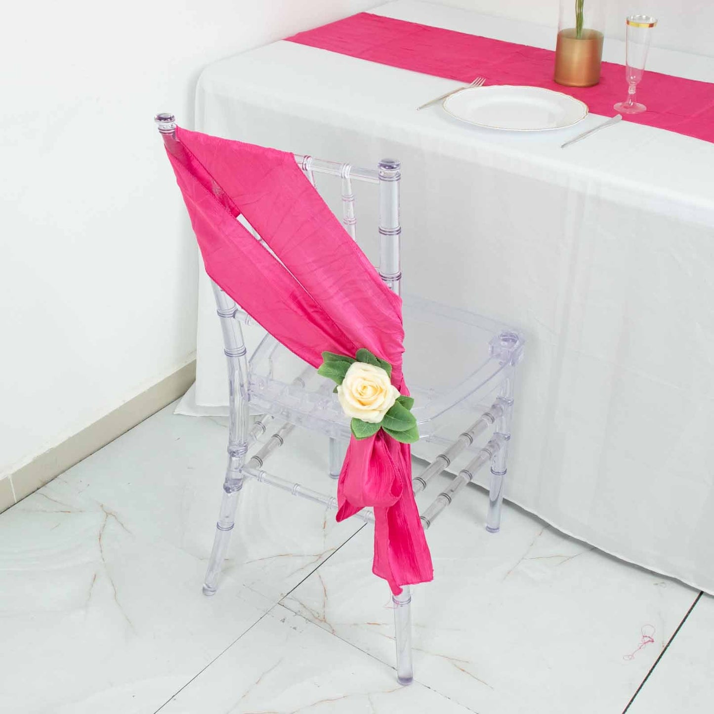 5 Pack | Fuchsia Accordion Crinkle Taffeta Chair Sashes - 6inch x 106inch
