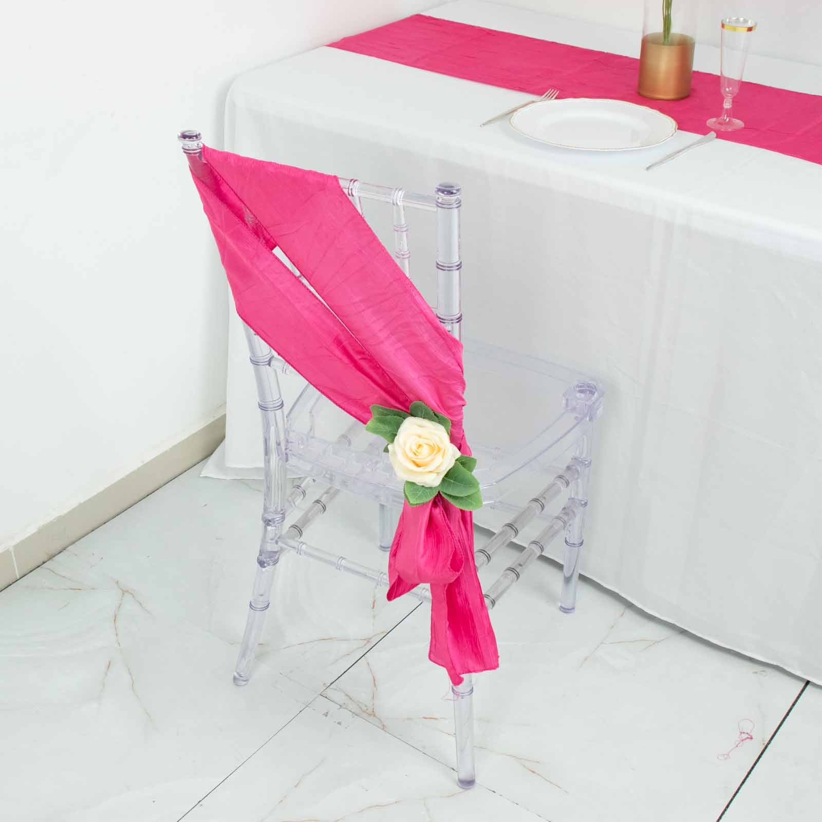 5 Pack | Fuchsia Accordion Crinkle Taffeta Chair Sashes - 6inch x 106inch