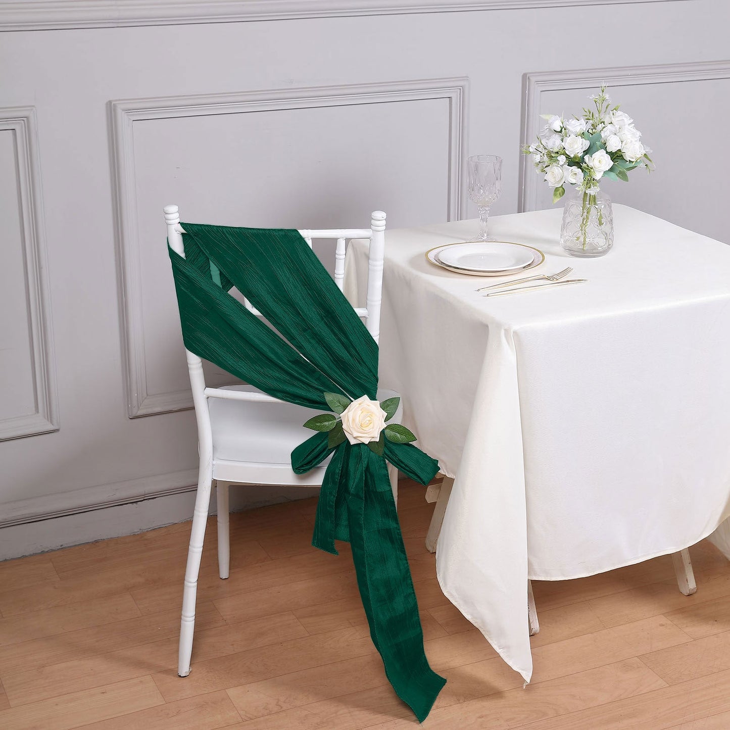 5 Pack | Accordion Crinkle Taffeta Hunter Emerald Green Chair Sashes - 6"x106"