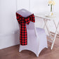 Black and red buffalo plaid checkered chair sash on a white chair.