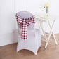 Burgundy and white checkered chair sashes on a white chair.