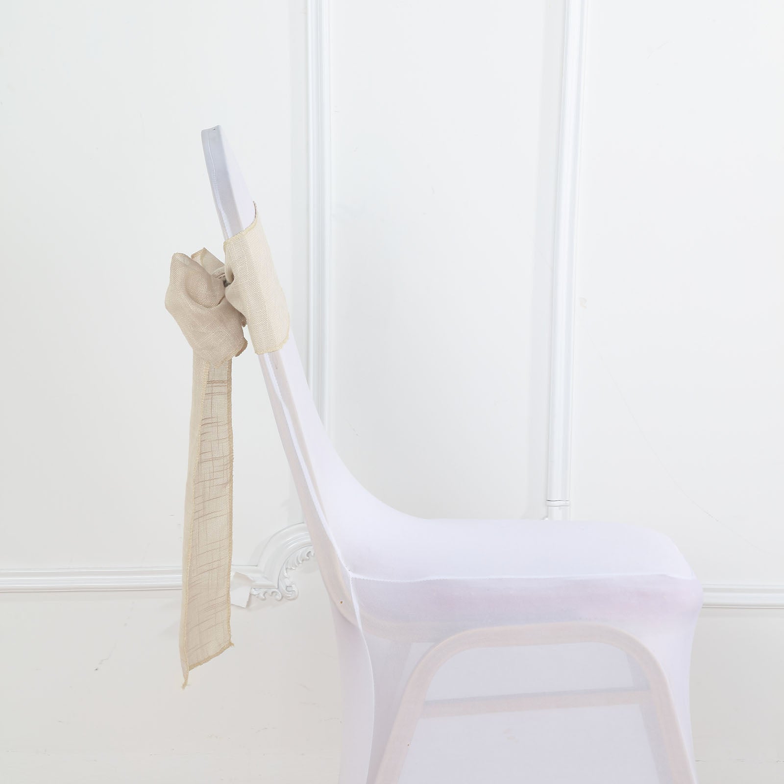 Beige linen chair sash with slubby texture, wrinkle resistant.