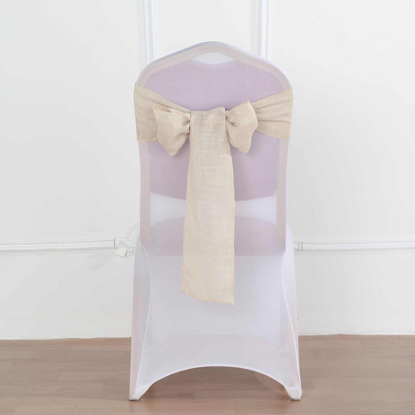 Beige linen chair sash with slubby texture, wrinkle resistant.