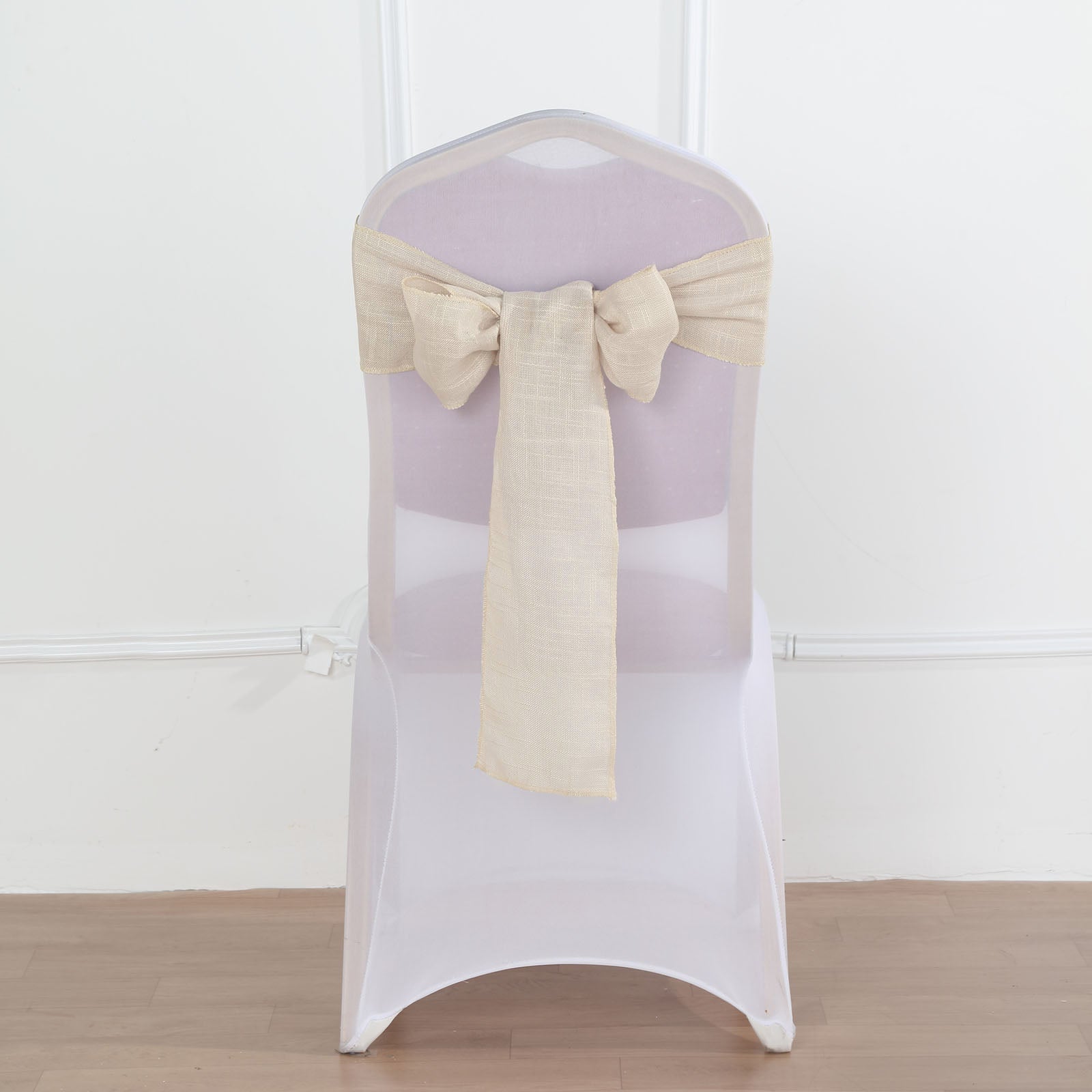 Beige linen chair sash with slubby texture, wrinkle resistant.