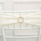 Gold rhinestone circle buckle on white chair sash.