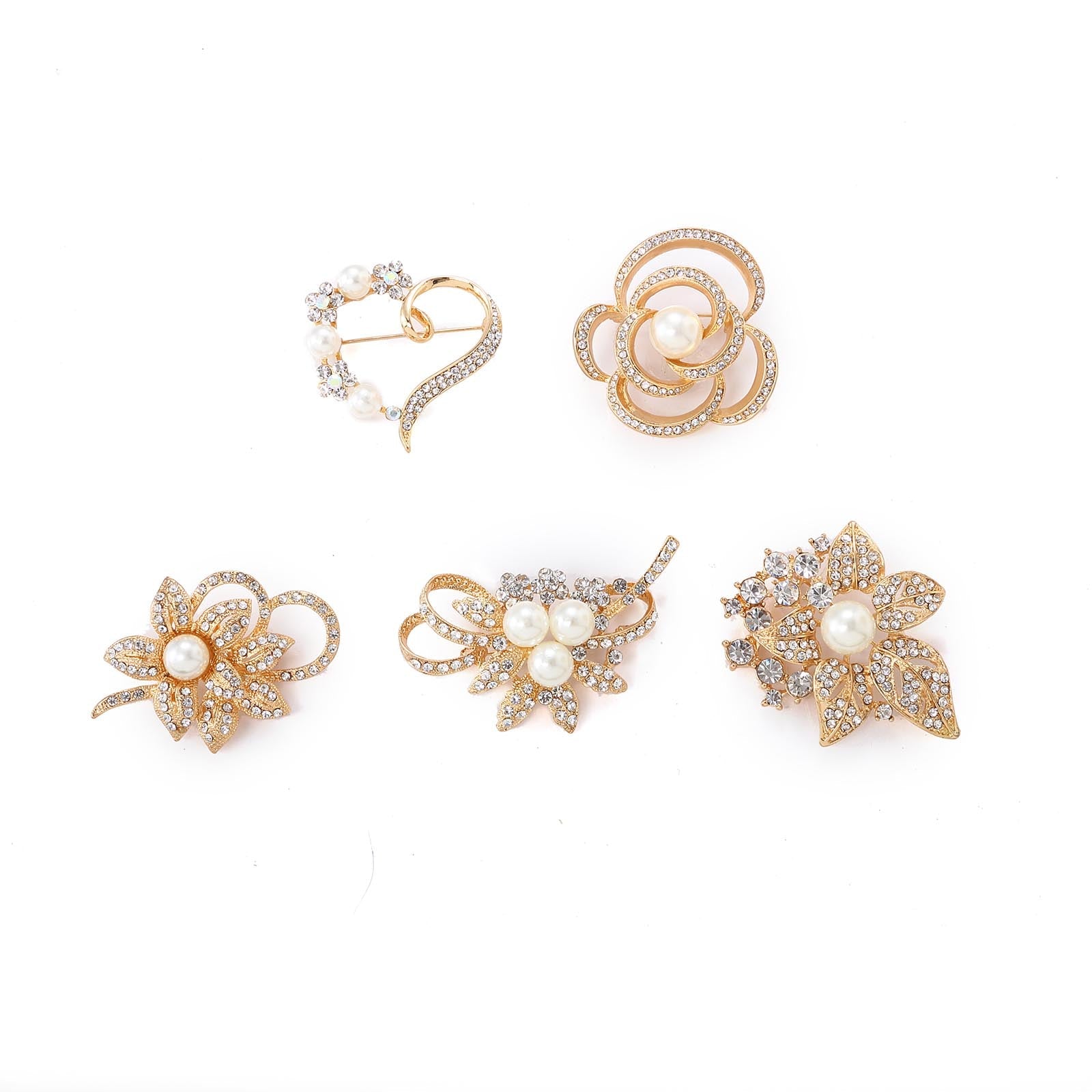 Assorted gold plated pearl and rhinestone floral brooches set.
