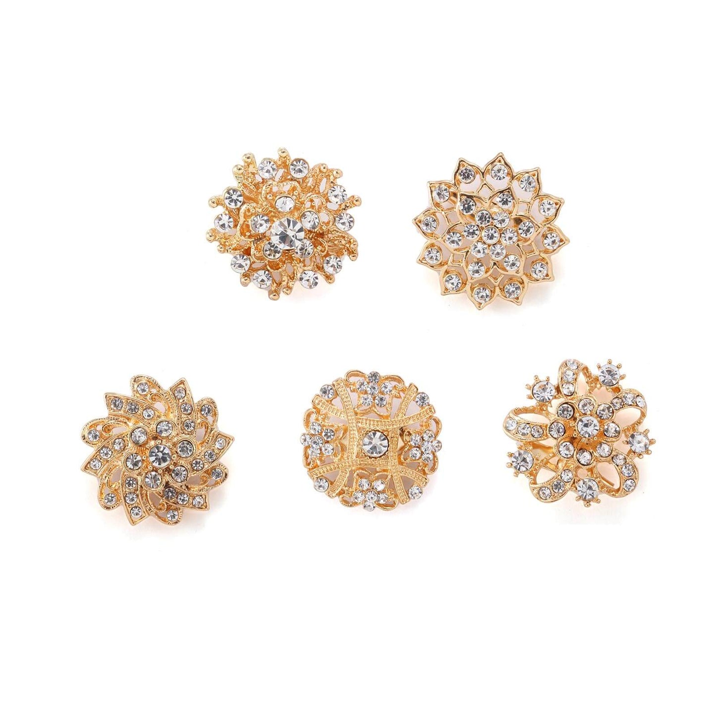 Assorted gold plated mandala crystal rhinestone brooches set.