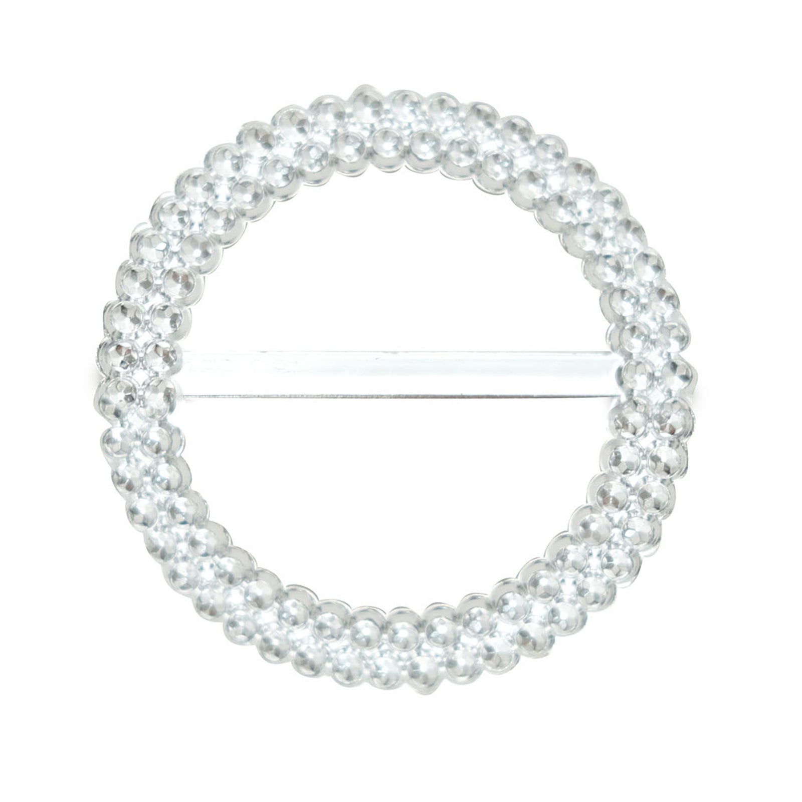 Silver diamond circle buckle pin with rhinestones.