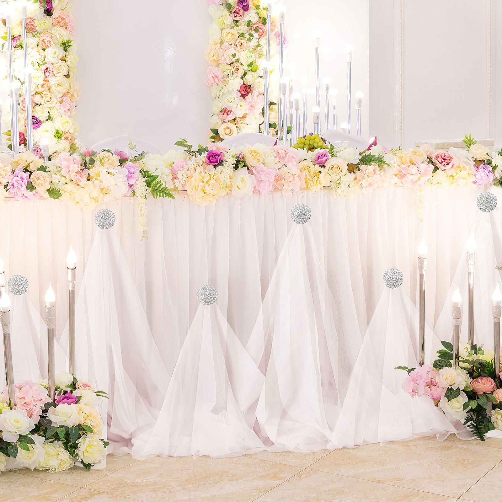 Metal Flower Chair Sash Band In Silver Rhinestones