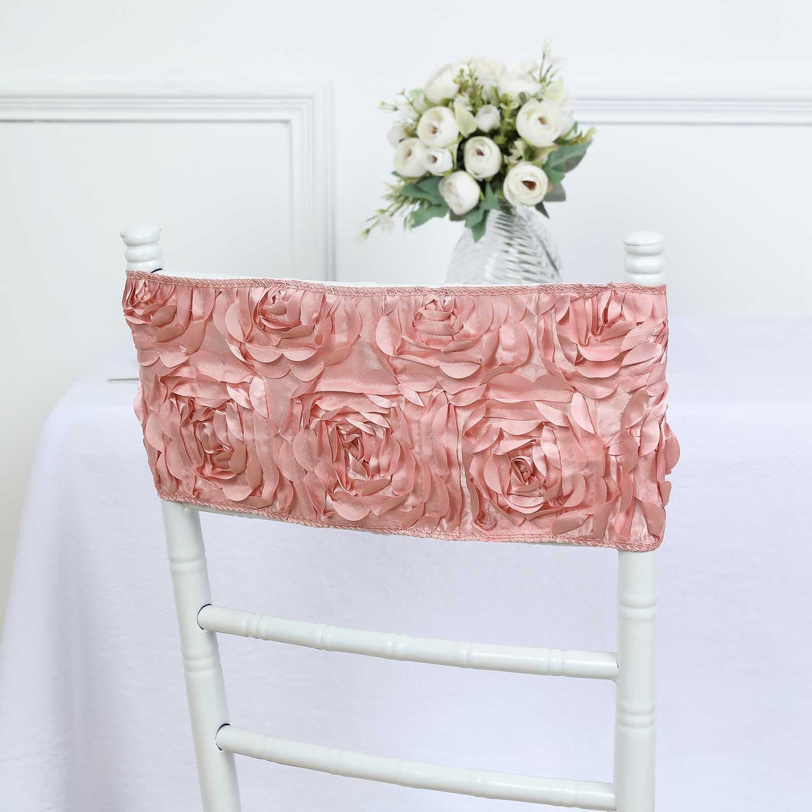 Pack Of Five 6X14 Inch Chair Sashes In Dusty Rose Featuring Rosette Style And Satin Spandex Fabric