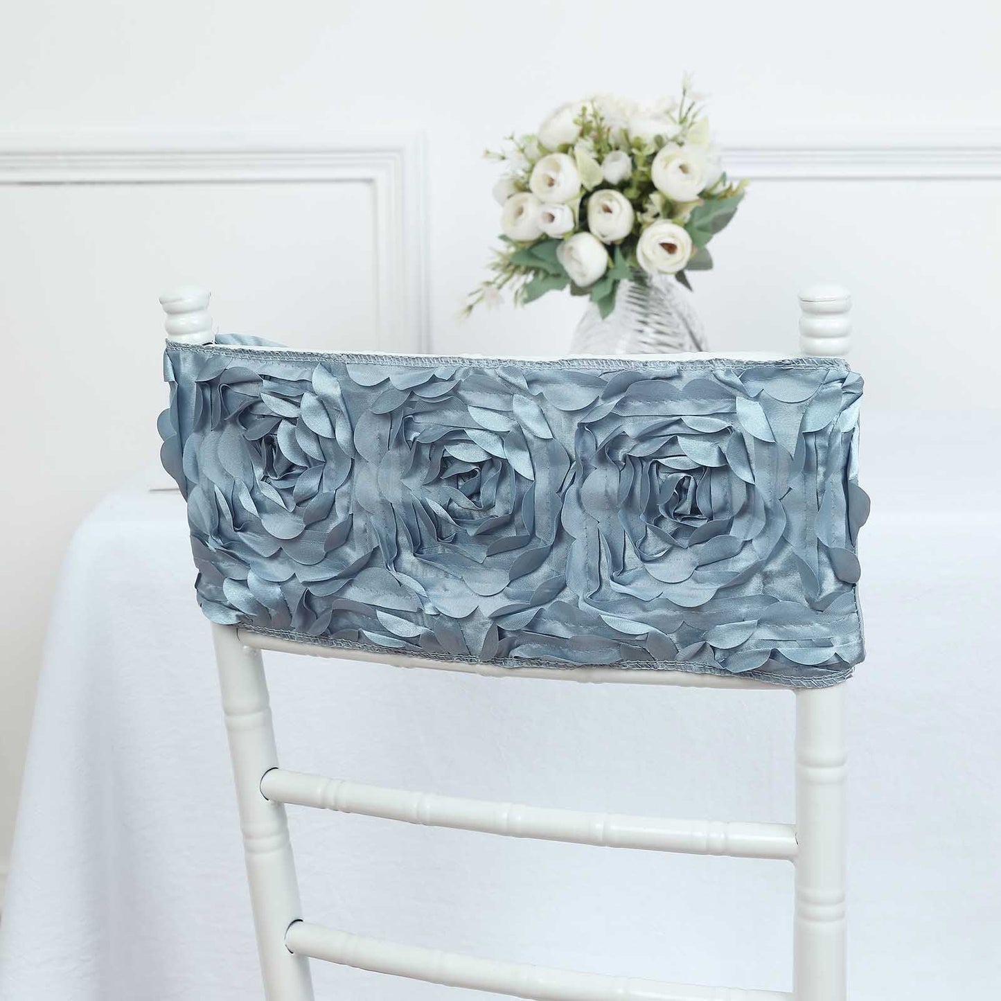 Pack Of Five 6X14 Inch Chair Sashes In Dusty Blue Featuring Rosette Style And Satin Spandex Fabric