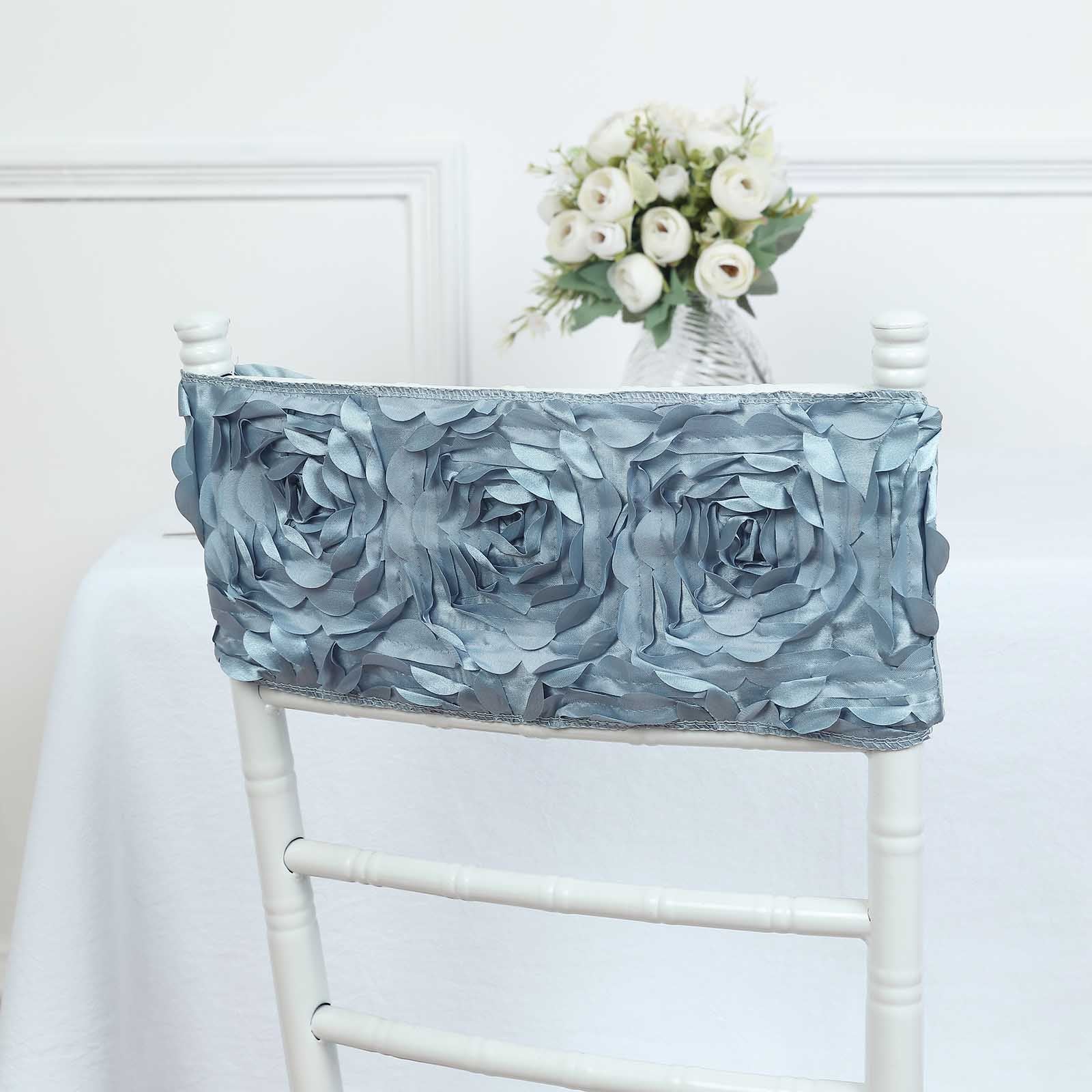 Pack Of Five 6X14 Inch Chair Sashes In Dusty Blue Featuring Rosette Style And Satin Spandex Fabric