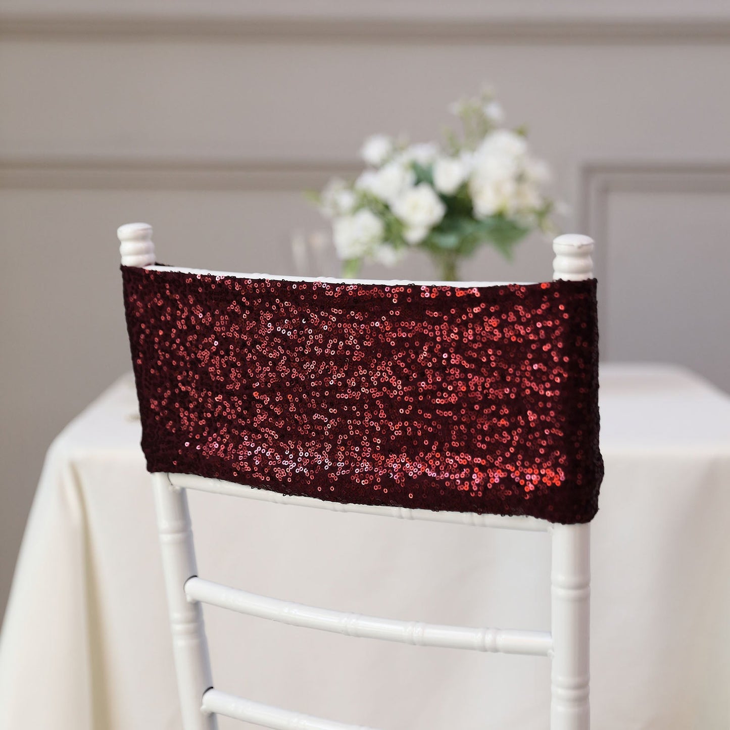 Burgundy Sequin Spandex Stretch Fitted Fabric Chair Sashes 6 Inch x 15 Inch 