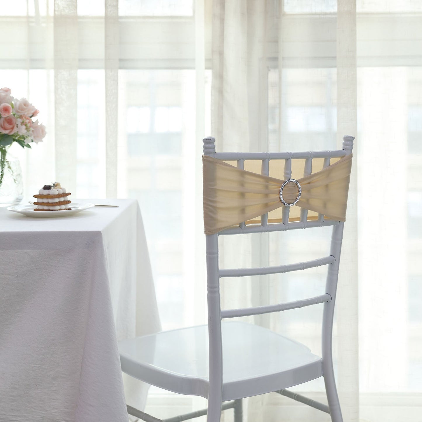 Beige 5 Inch X 14 Inch Spandex Stretch Chair Sashes With Diamond Buckle 5 Pack