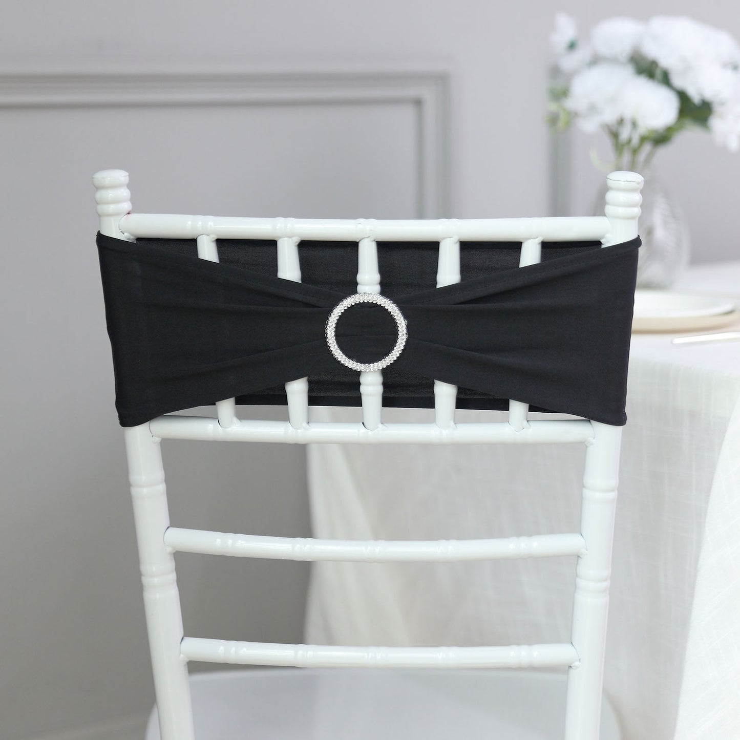5 Pack | Black Spandex Stretch Chair Sashes with Silver Diamond Ring Slide Buckle | 5"x14"