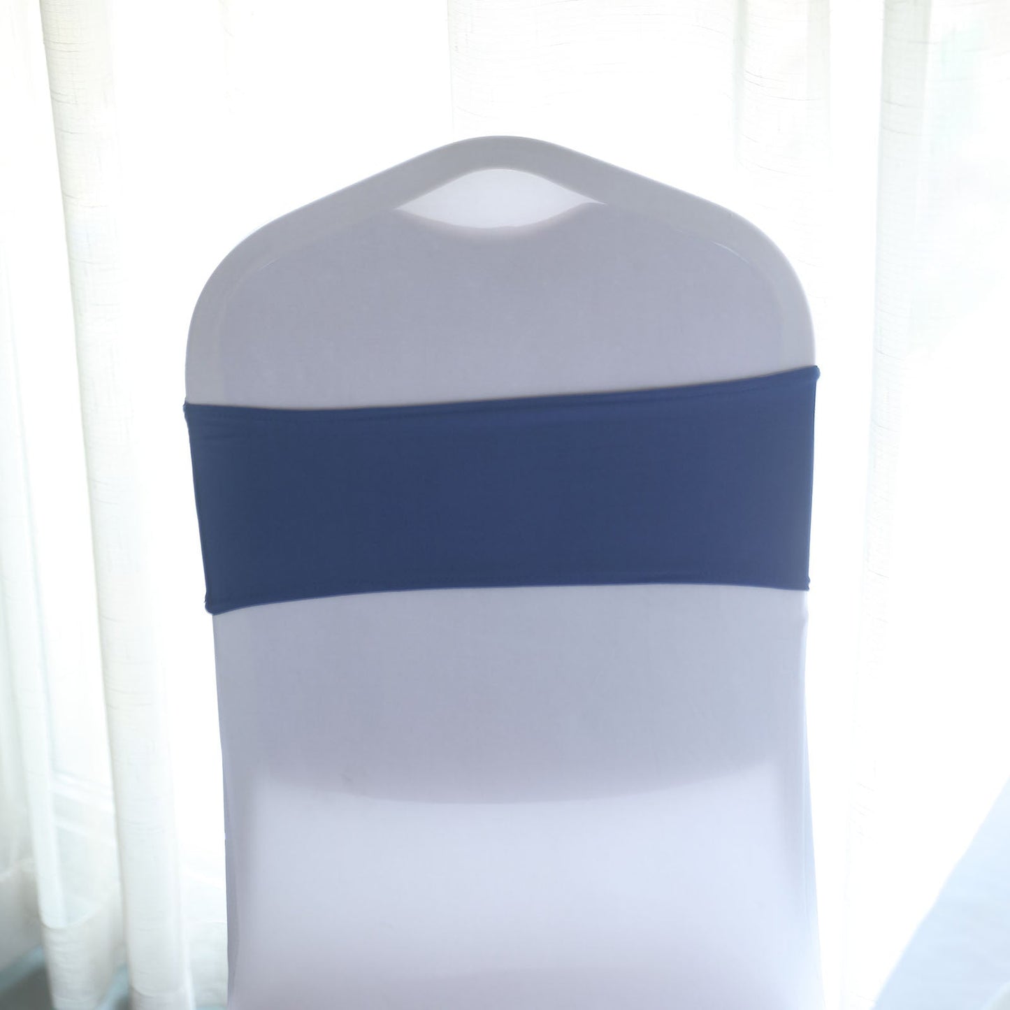 Navy Blue Spandex Stretch Chair Sashes With Silver Diamond Ring Slide Buckle 5 Inch x 14 Inch 5 Pack