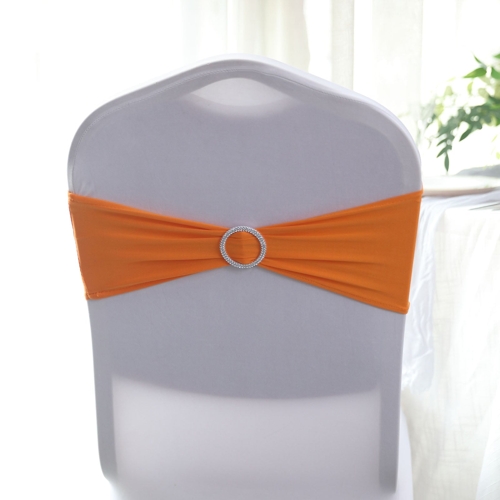 Orange Spandex Chair Sashes 5 Inch x 14 Inch With Silver Diamond Ring Buckles