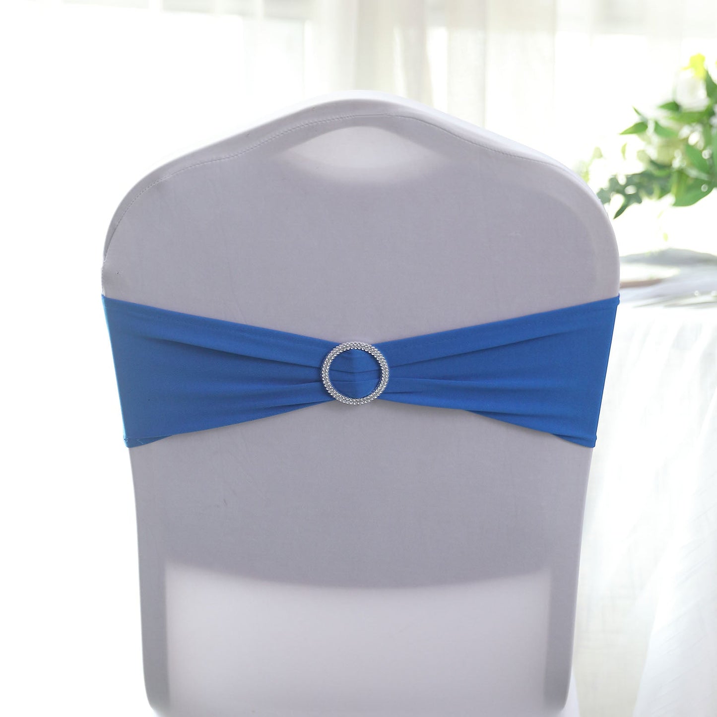 Royal Blue Spandex Chair Sashes 5 Inch x 14 Inch With Silver Diamond Ring Buckles