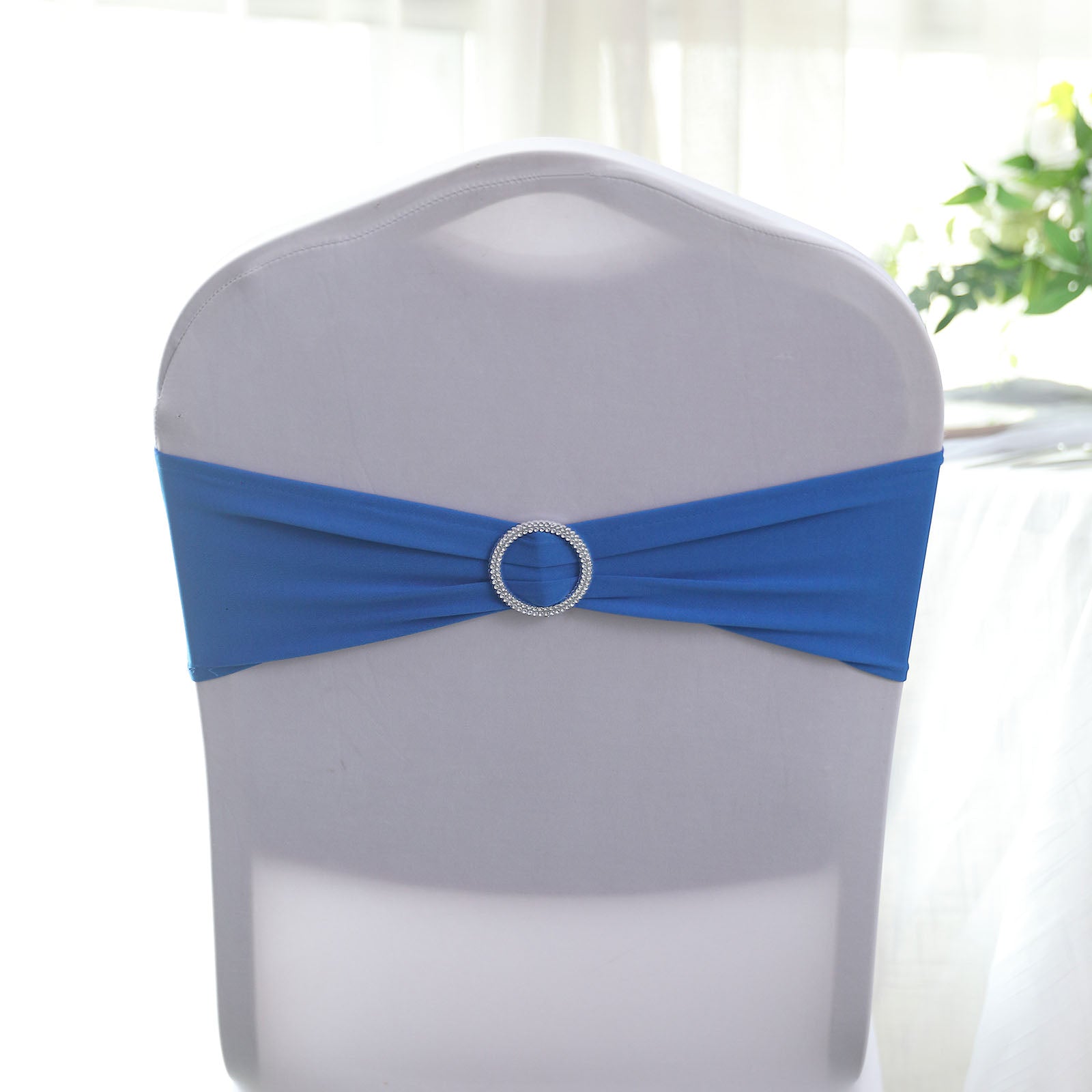 Royal Blue Spandex Chair Sashes 5 Inch x 14 Inch With Silver Diamond Ring Buckles