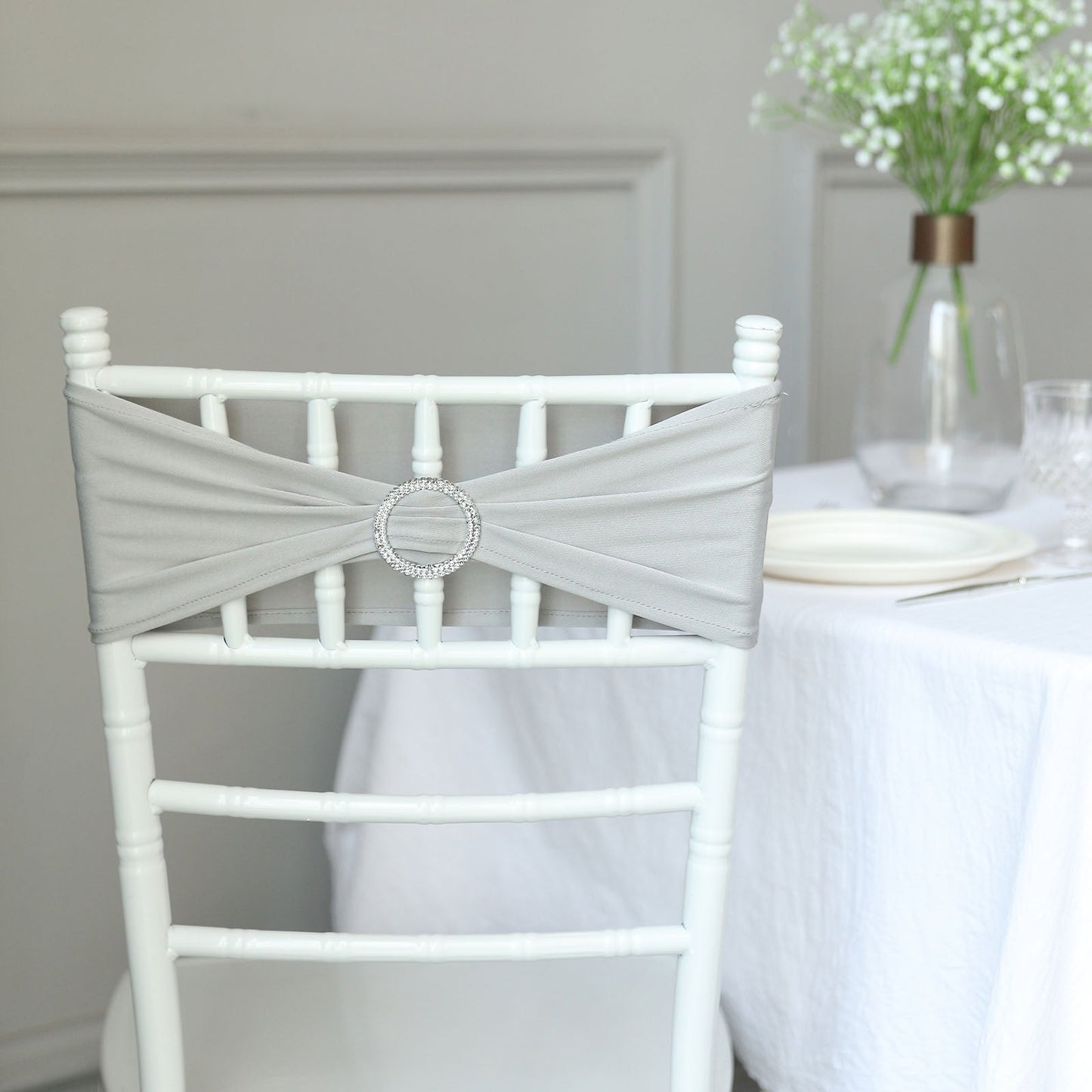 5 Pack | Silver Spandex Stretch Chair Sashes with Silver Diamond Ring Slide Buckle | 5"x14"