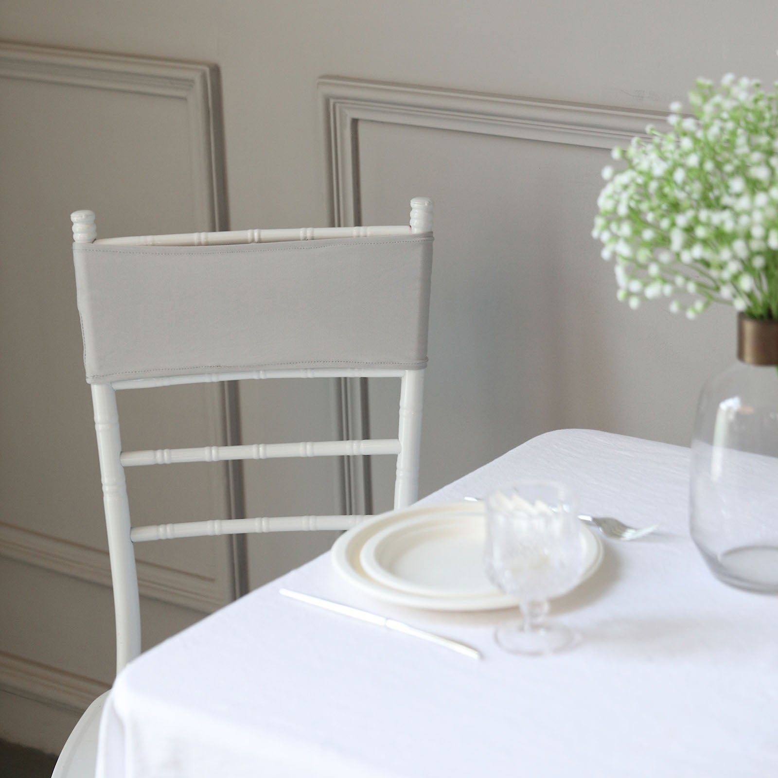 5 Inch x 14 Inch Silver Stretch Spandex Chair Sashes With Silver Diamond Buckle Rings