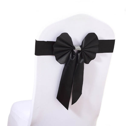 5 Pack | Black | Reversible Chair Sashes with Buckle | Double Sided Pre-tied Bow Tie Chair Bands | Satin & Faux Leather