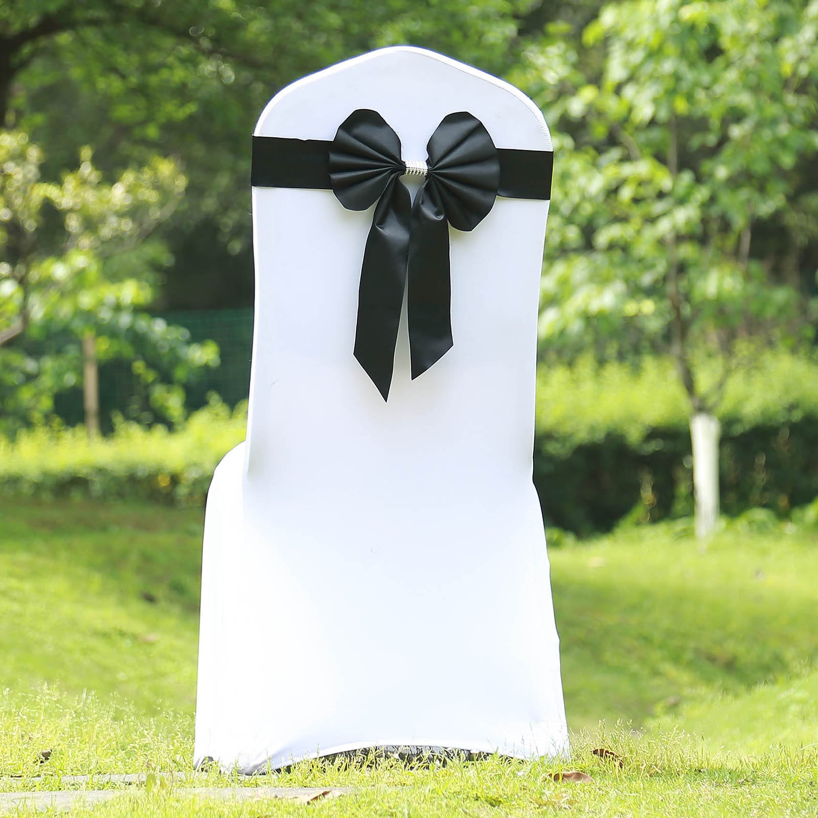 5 Pack | Black | Reversible Chair Sashes with Buckle | Double Sided Pre-tied Bow Tie Chair Bands | Satin & Faux Leather