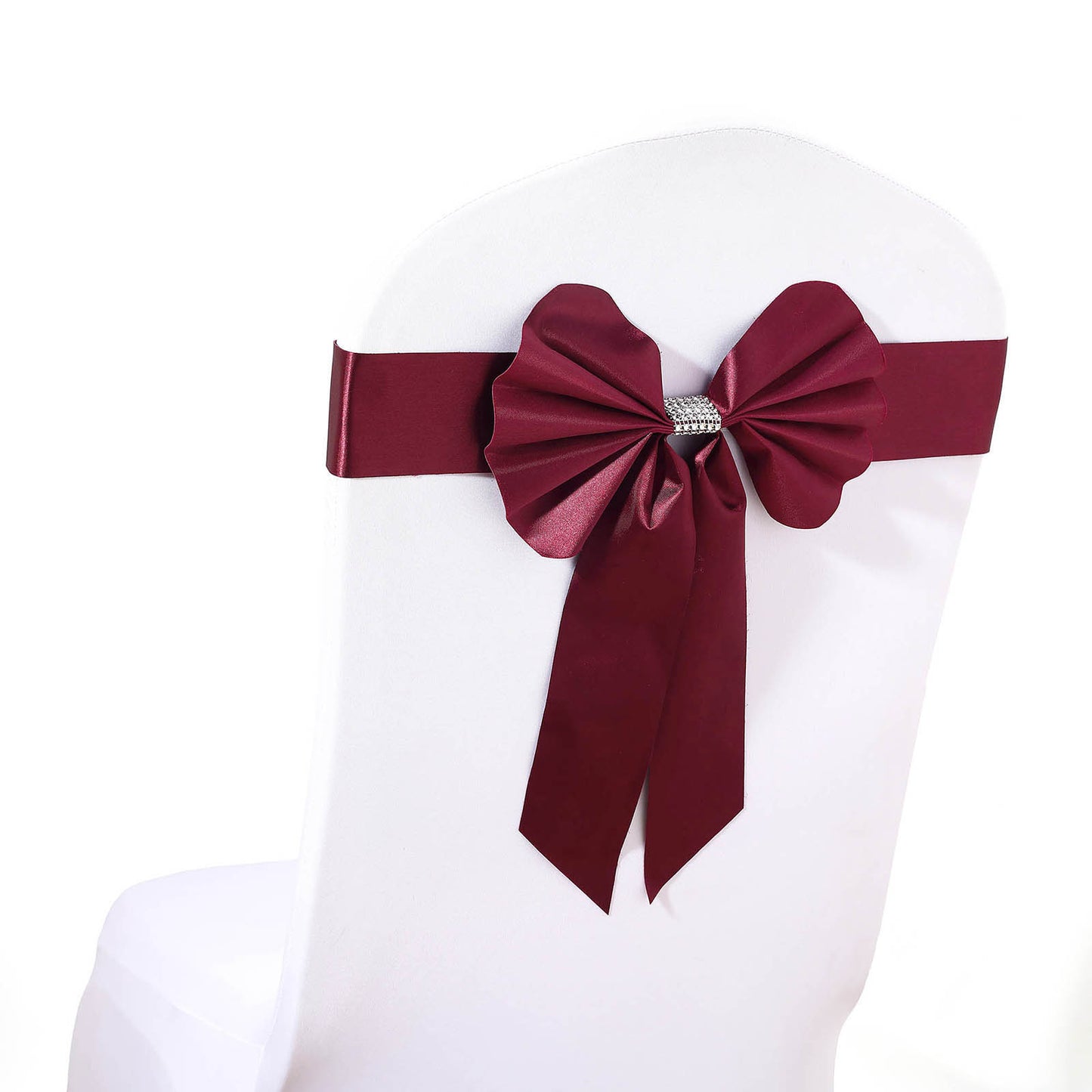5 Pack | Burgundy | Reversible Chair Sashes with Buckle | Double Sided Pre-tied Bow Tie Chair Bands | Satin & Faux Leather