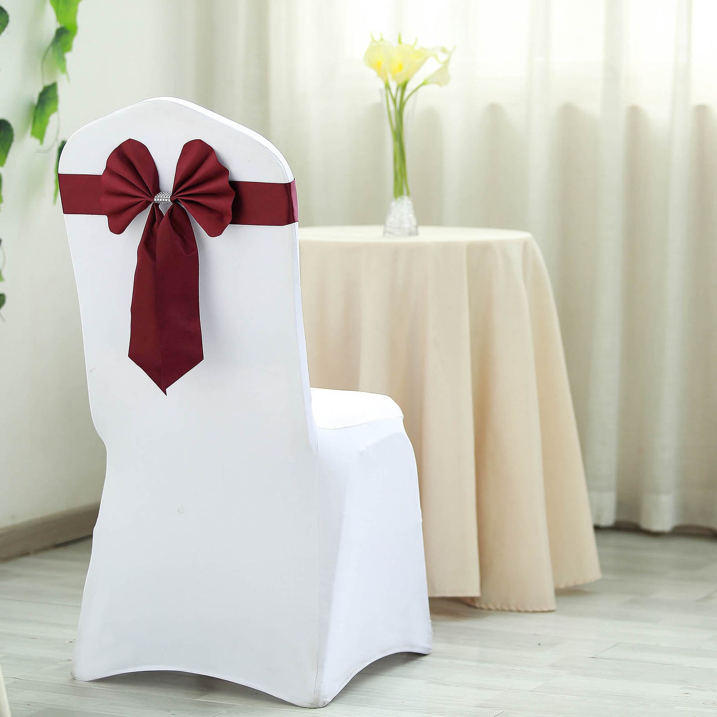 5 Pack | Burgundy | Reversible Chair Sashes with Buckle | Double Sided Pre-tied Bow Tie Chair Bands | Satin & Faux Leather