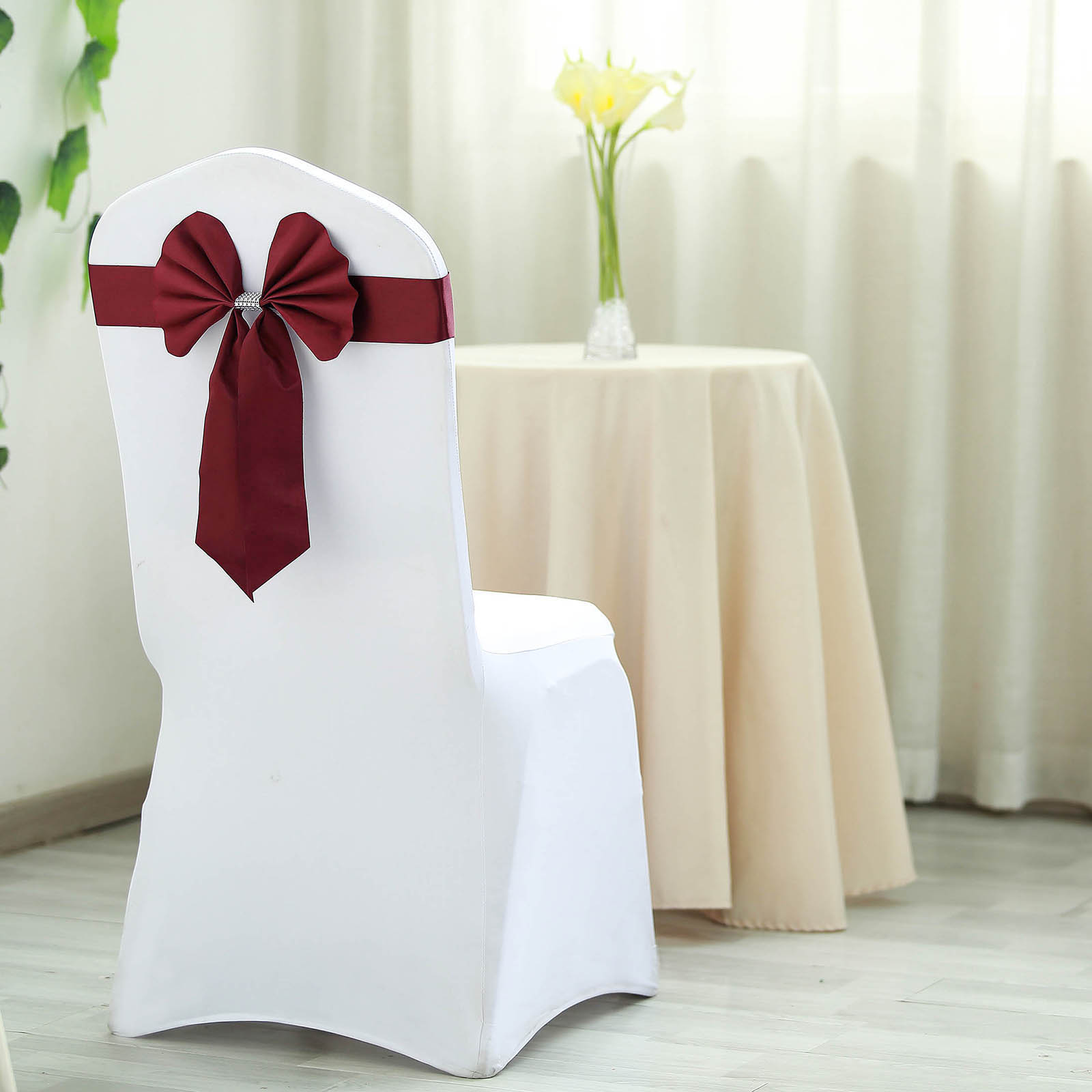 5 Pack | Burgundy | Reversible Chair Sashes with Buckle | Double Sided Pre-tied Bow Tie Chair Bands | Satin & Faux Leather