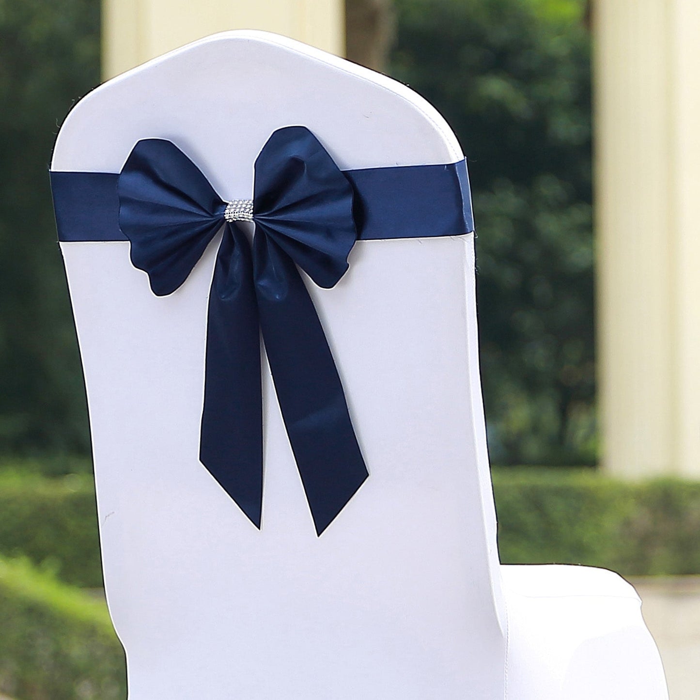 5 Pack | Navy Blue | Reversible Chair Sashes with Buckle | Double Sided Pre-tied Bow Tie Chair Bands | Satin & Faux Leather