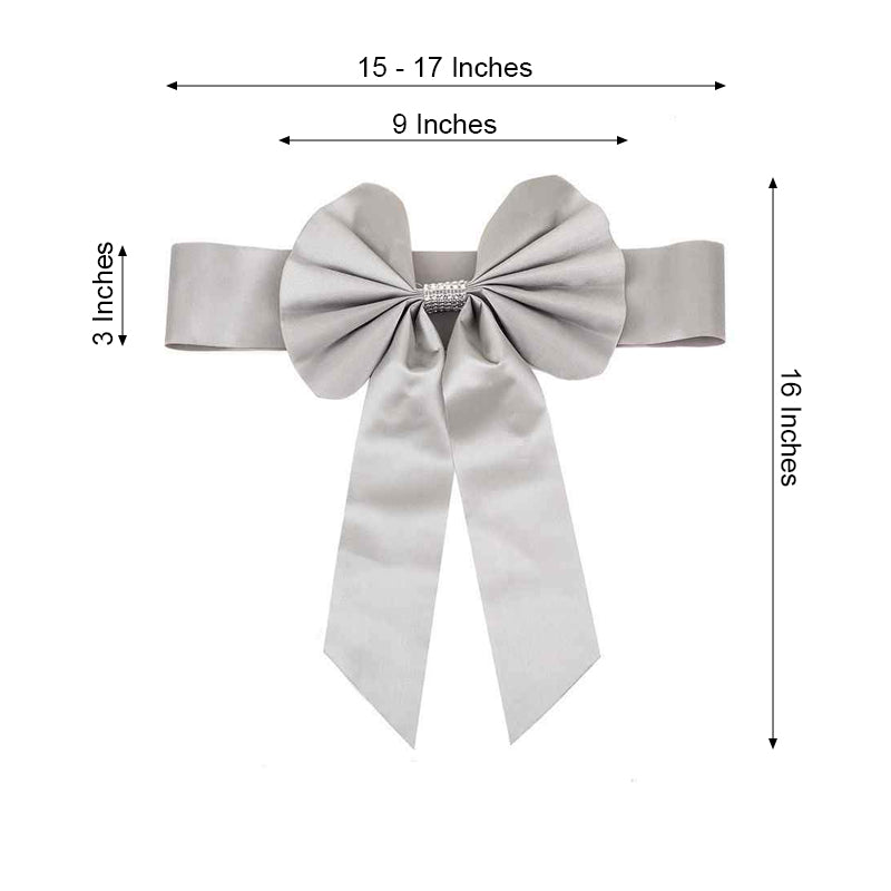 5 Pack | Silver | Reversible Chair Sashes with Buckle | Double Sided Pre-tied Bow Tie Chair Bands | Satin & Faux Leather