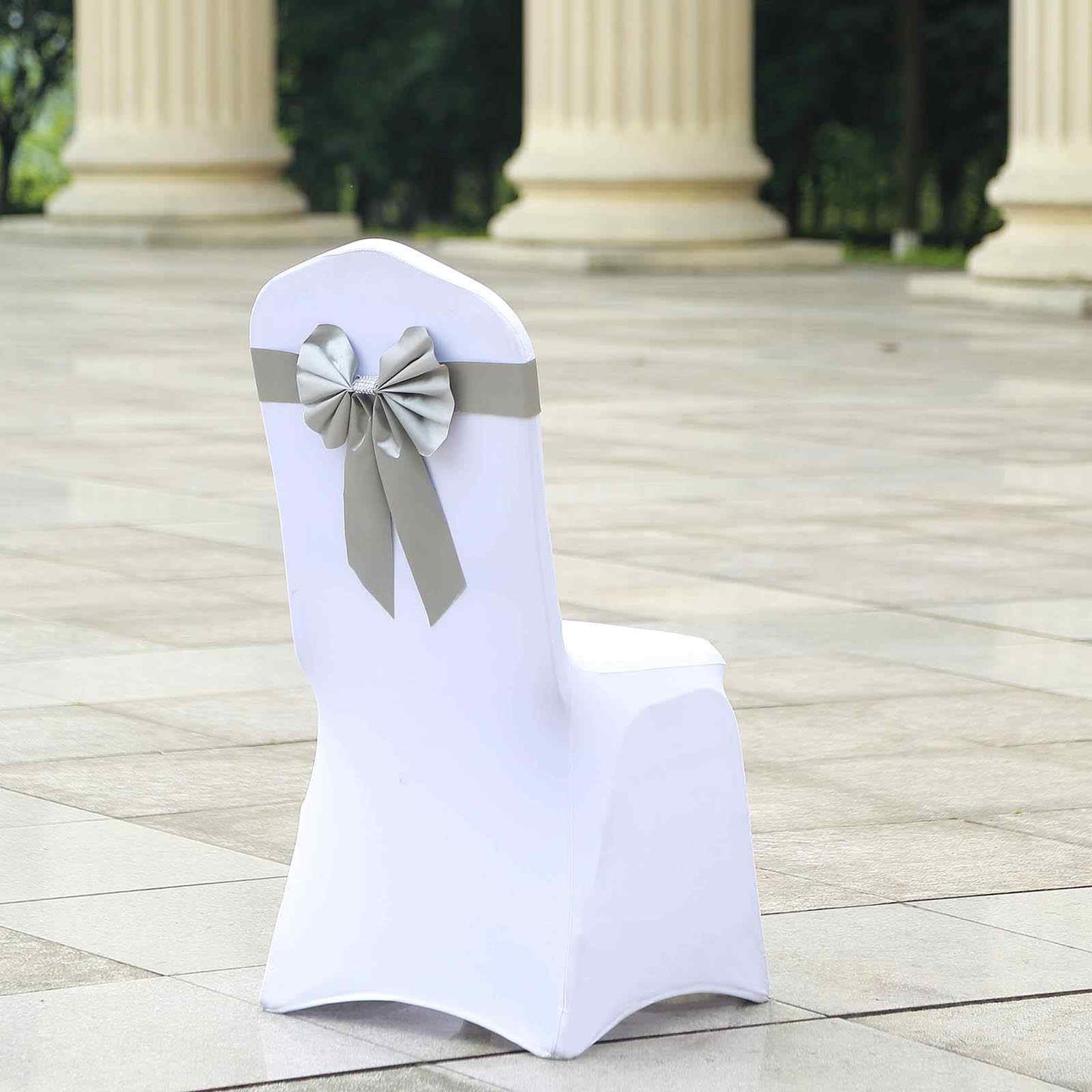 5 Pack | Silver | Reversible Chair Sashes with Buckle | Double Sided Pre-tied Bow Tie Chair Bands | Satin & Faux Leather