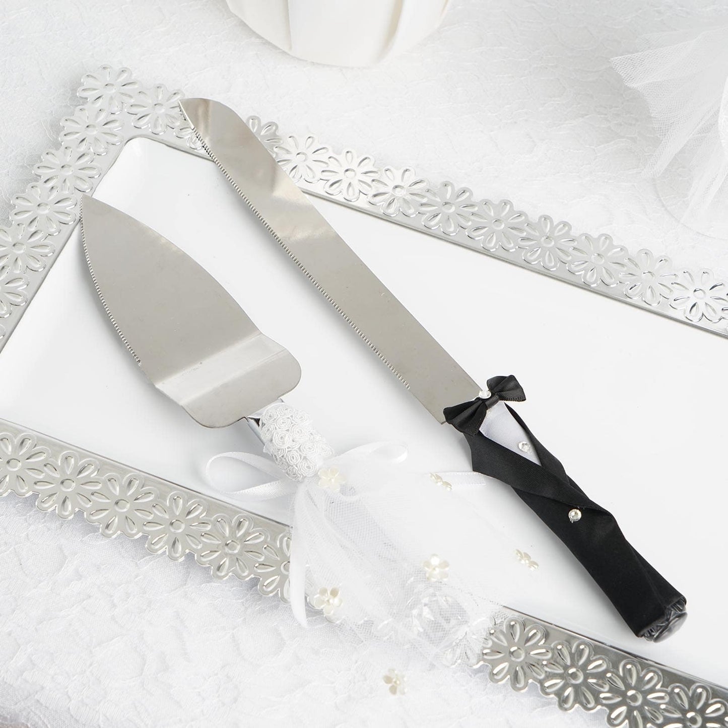 Bride and Groom Cake Server Set - Stainless Steel Wedding Cake Knife And Server Set