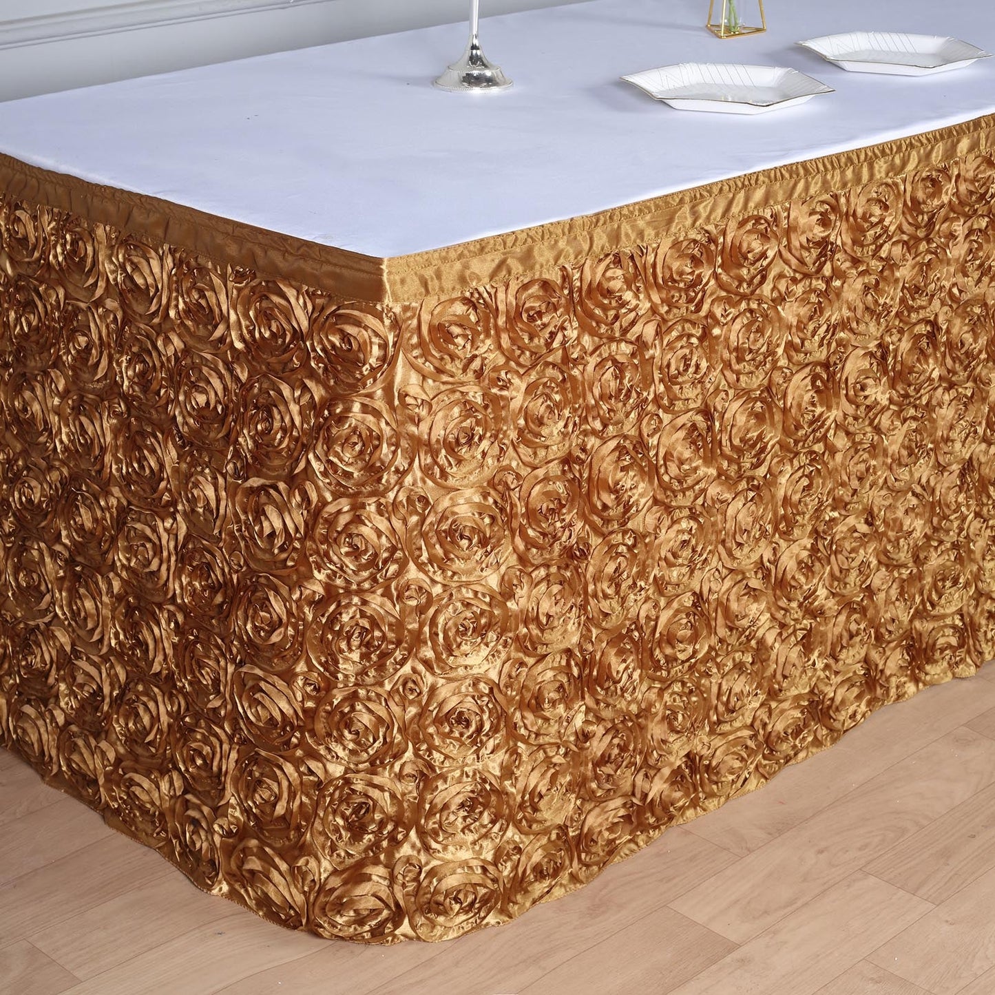 21ft Gold 3D Rosette Satin Table Skirt